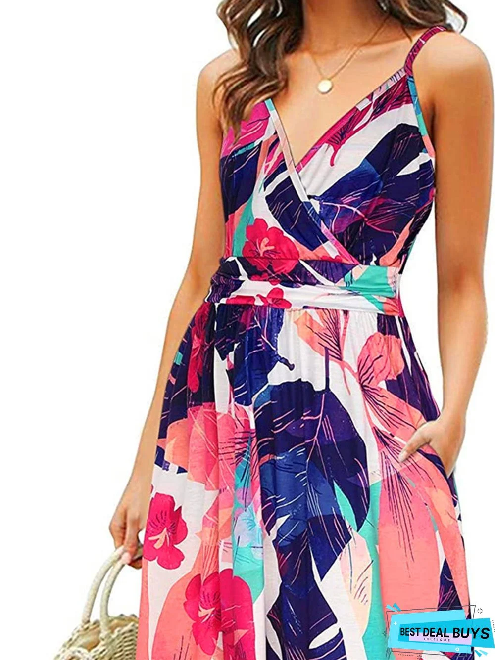 Printed Beach Skirt Loose Pocket Suspender Dress