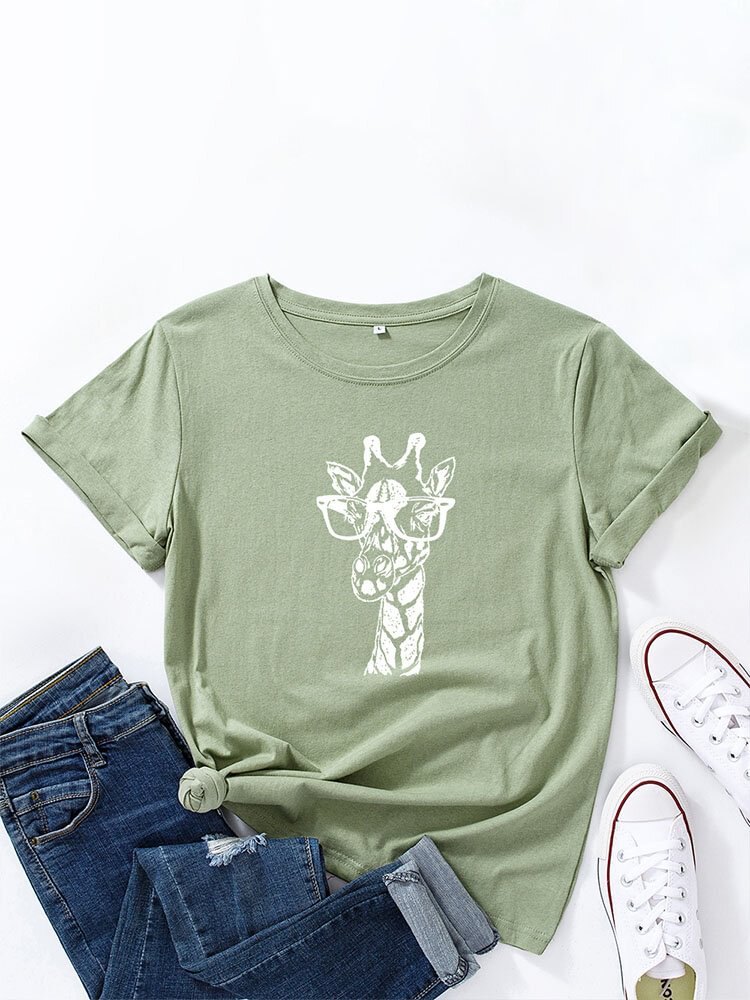 Cartoon Giraffe Print Short Sleeve O neck Casual T Shirt For Women P1835538