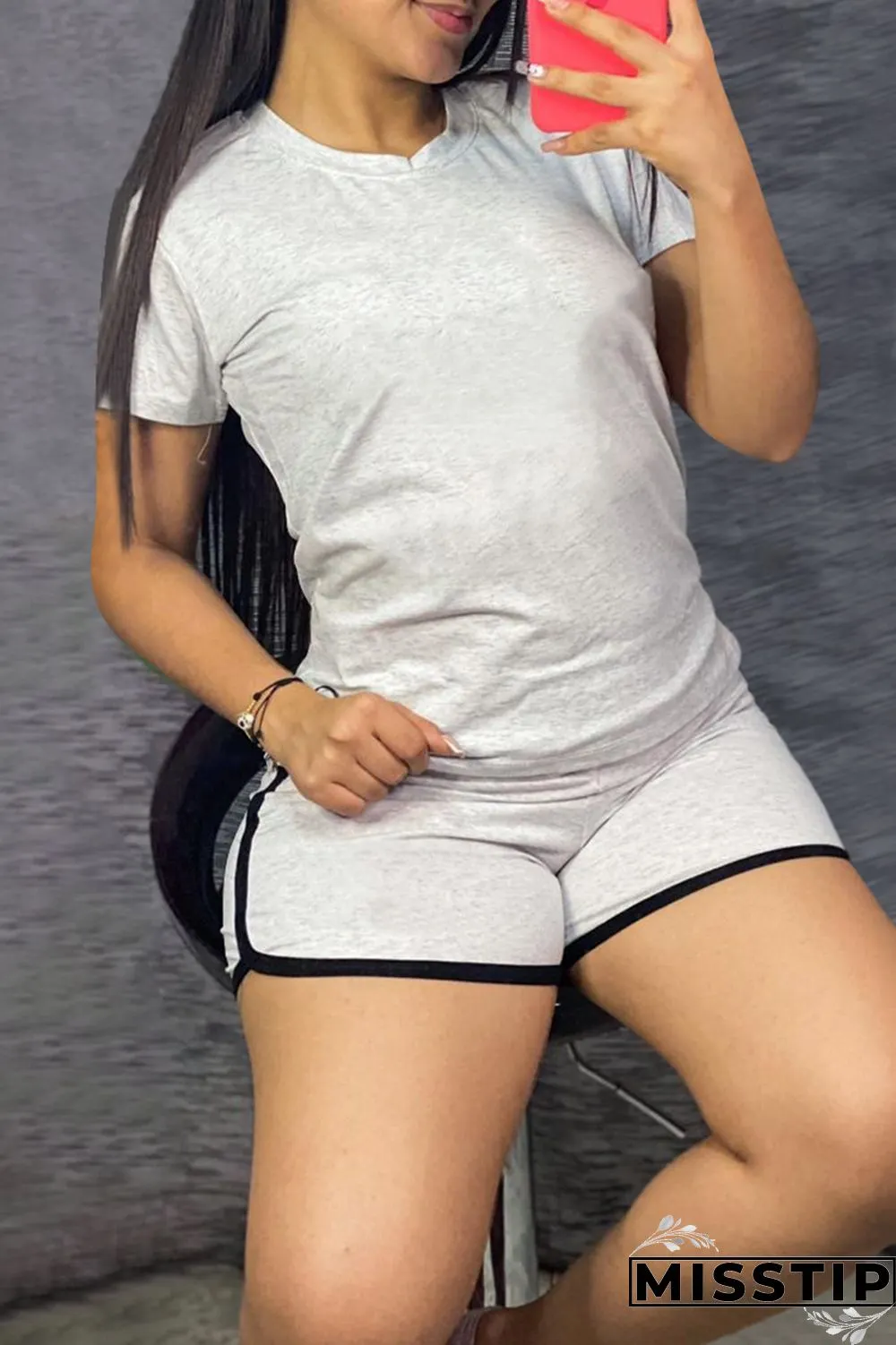 Pink Fashion Casual Solid Basic O Neck Short Sleeve Two Pieces