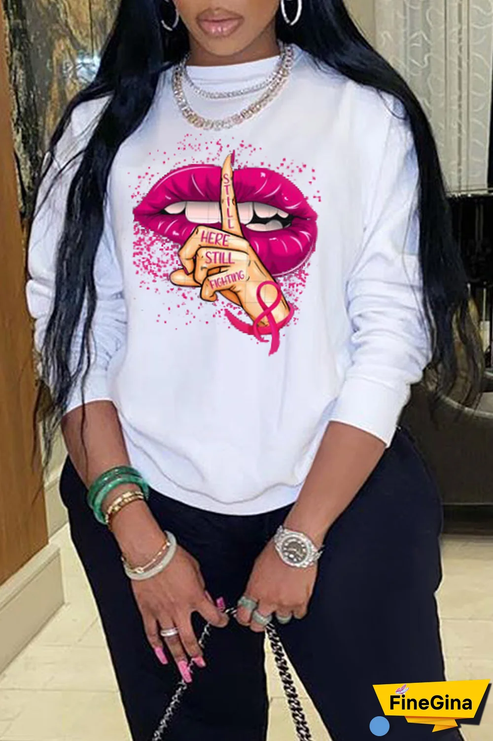 Blue Casual Street Lips Printed Patchwork O Neck Tops