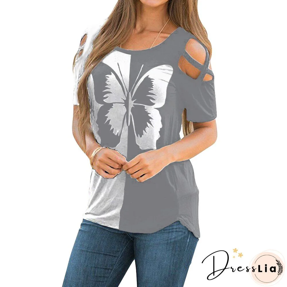 Summer Sexy Hollow Out Short Sleeve Blouses Shirt Casual O-Neck Pullover Tops Women Fashion New Butterfly Print Shirt Blusas D30