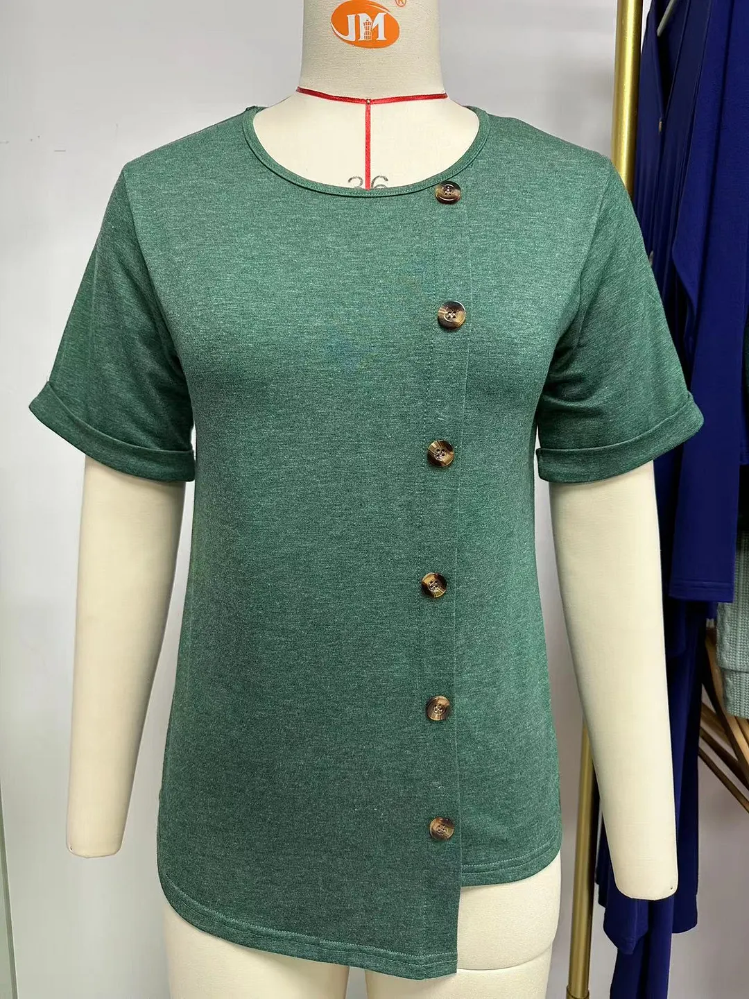 Churchf Churchf 2024 New Round Collar Button Irregular Splicing Loose T-Shirt Women