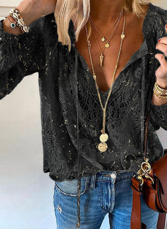 High quality large size loose women blouses summer blouses lace top fashion casual V-neck long sleeve women shirts