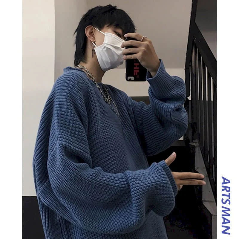 Lazy Couple Male  Harajuku Retro Trend Thick Line Sweater Solid Color Loose Oversize Top Autumn Winter Oversized Sweater