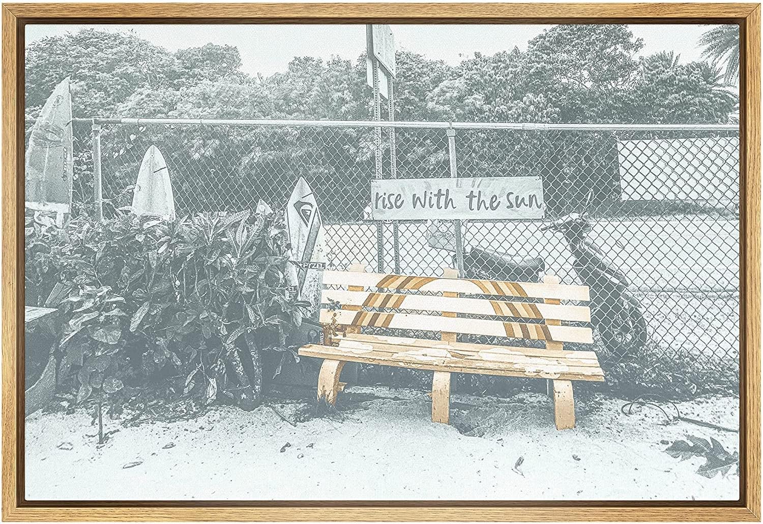 SIGNLEADER Framed Canvas Print Wall Art Yellow Bench at a California Beach Nature Ocean Photography Realism Bohemian Scenic Urban Blue Cool for Living Room, Bedroom, Office - 16 inch x24 inch  NATURAL 16&#034; x 24&#034; NATURAL