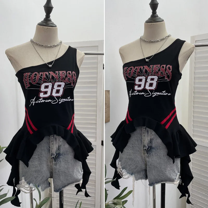 Nigikala Nigikala Shooting Hottie Slant Shoulder Short Letter Print T-Shirt Summer Waist Thin Sling Vest Sleeveless Top 2736