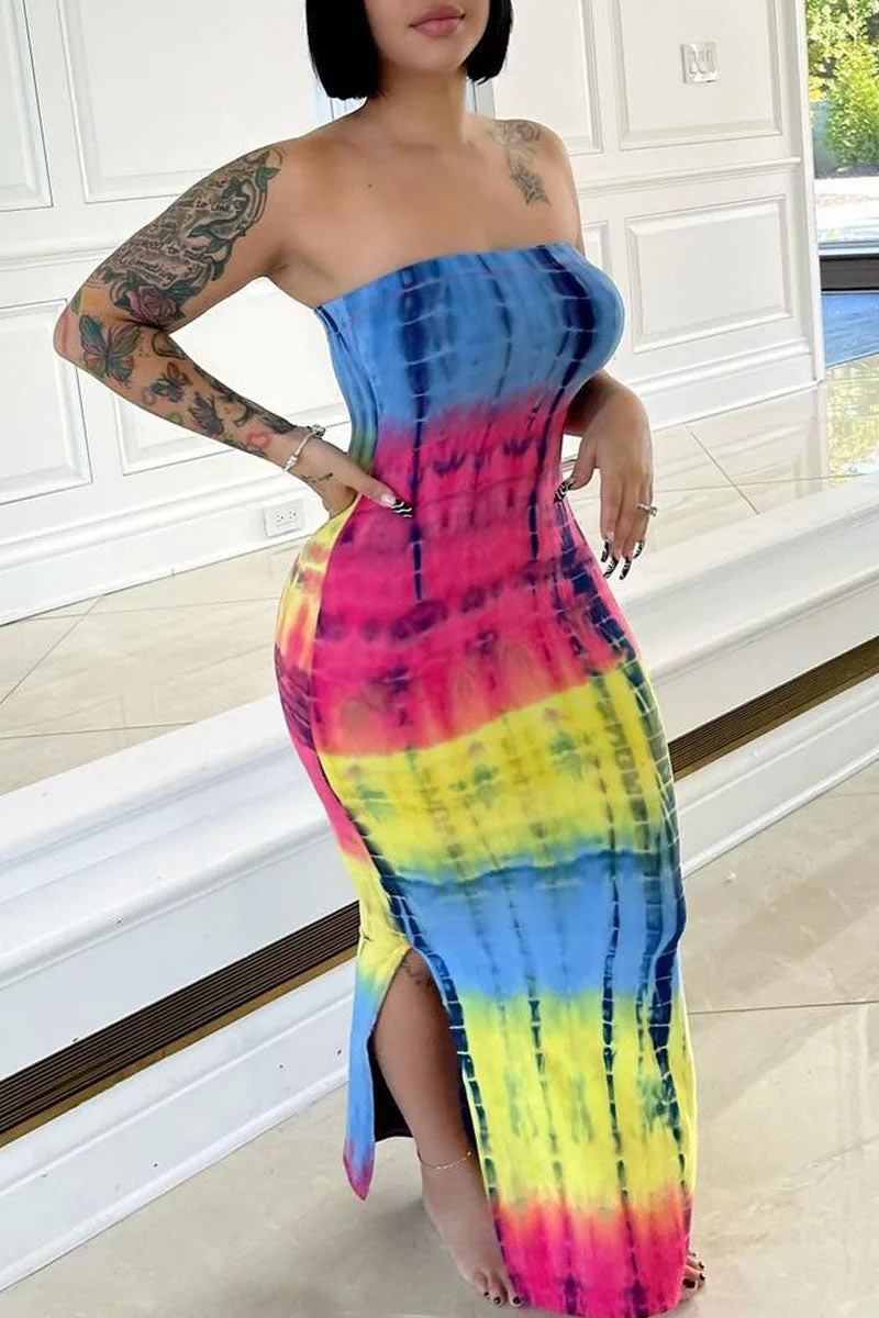 Sexy Print Split Joint Slit Strapless One Step Skirt Dresses