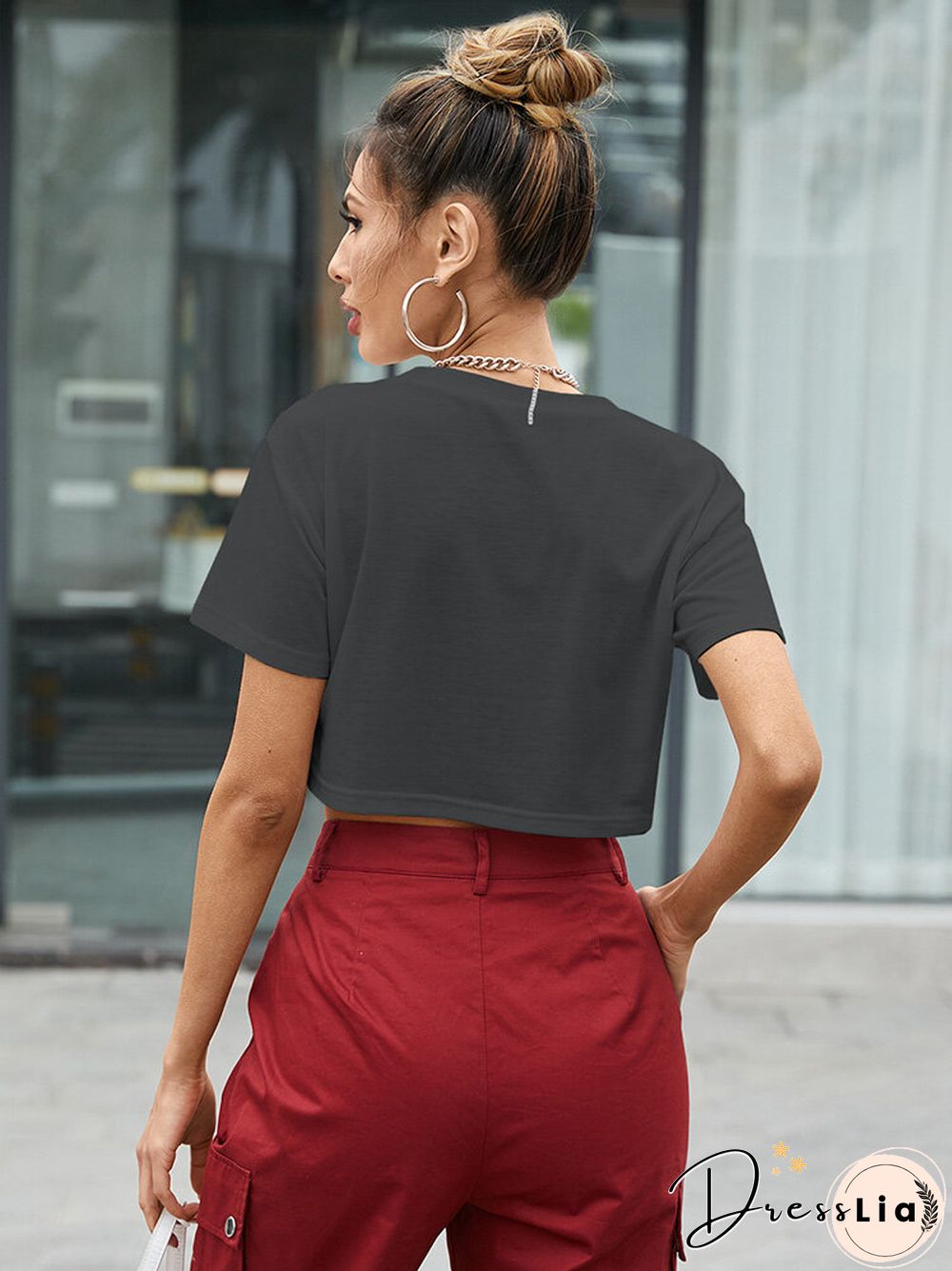 Letters Print O-neck Short Sleeve Casual Crop Top for Women