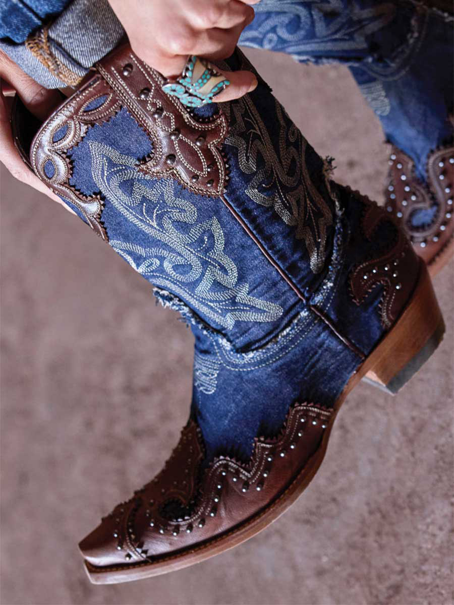 Brown & Blue Patchwork Denim Studded Embroidered Mid-Calf Boots