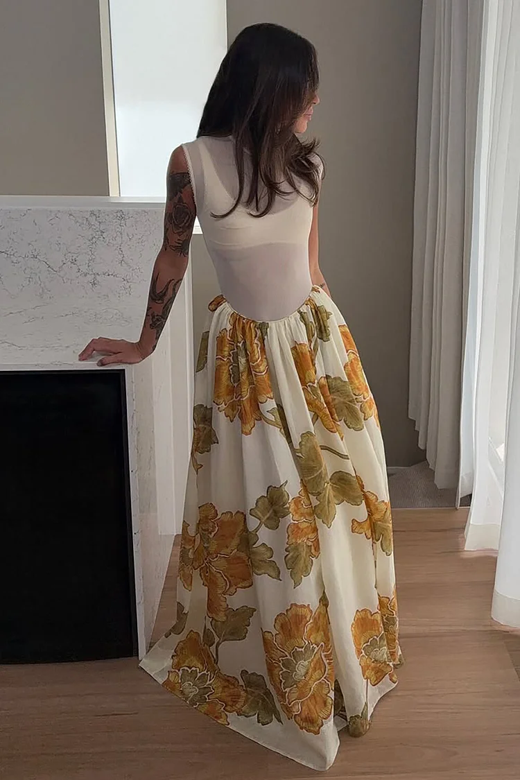 Cap Sleeve Semi Sheer Cinch Waist Floral Print Maxi Dresses-White [Pre Order]