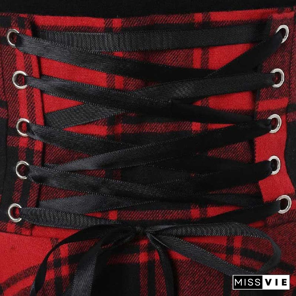 Contrast Plaid Elastic Waist Irregular Dress