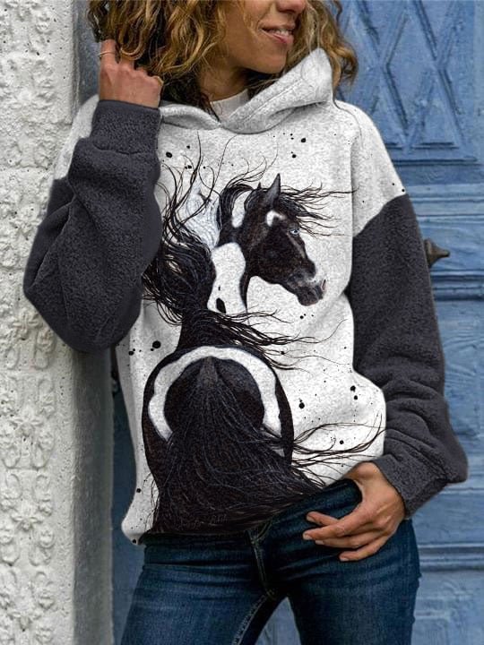 Women's Casual Ink Horse Print Hoodie