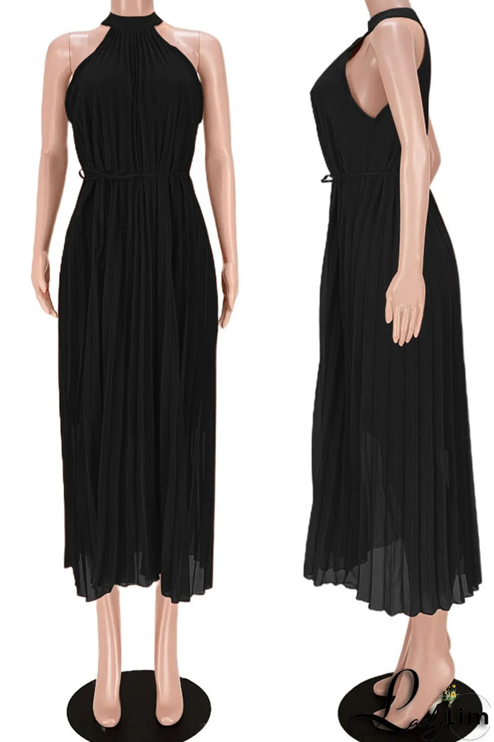 Black Casual Elegant Solid Split Joint Fold O Neck Dresses