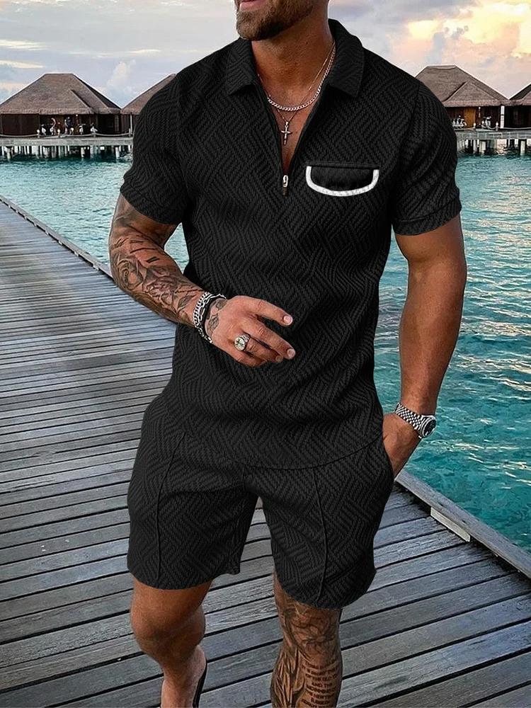 Men's Solid Color Zip Polo Shirt and Shorts Two-Piece Suits