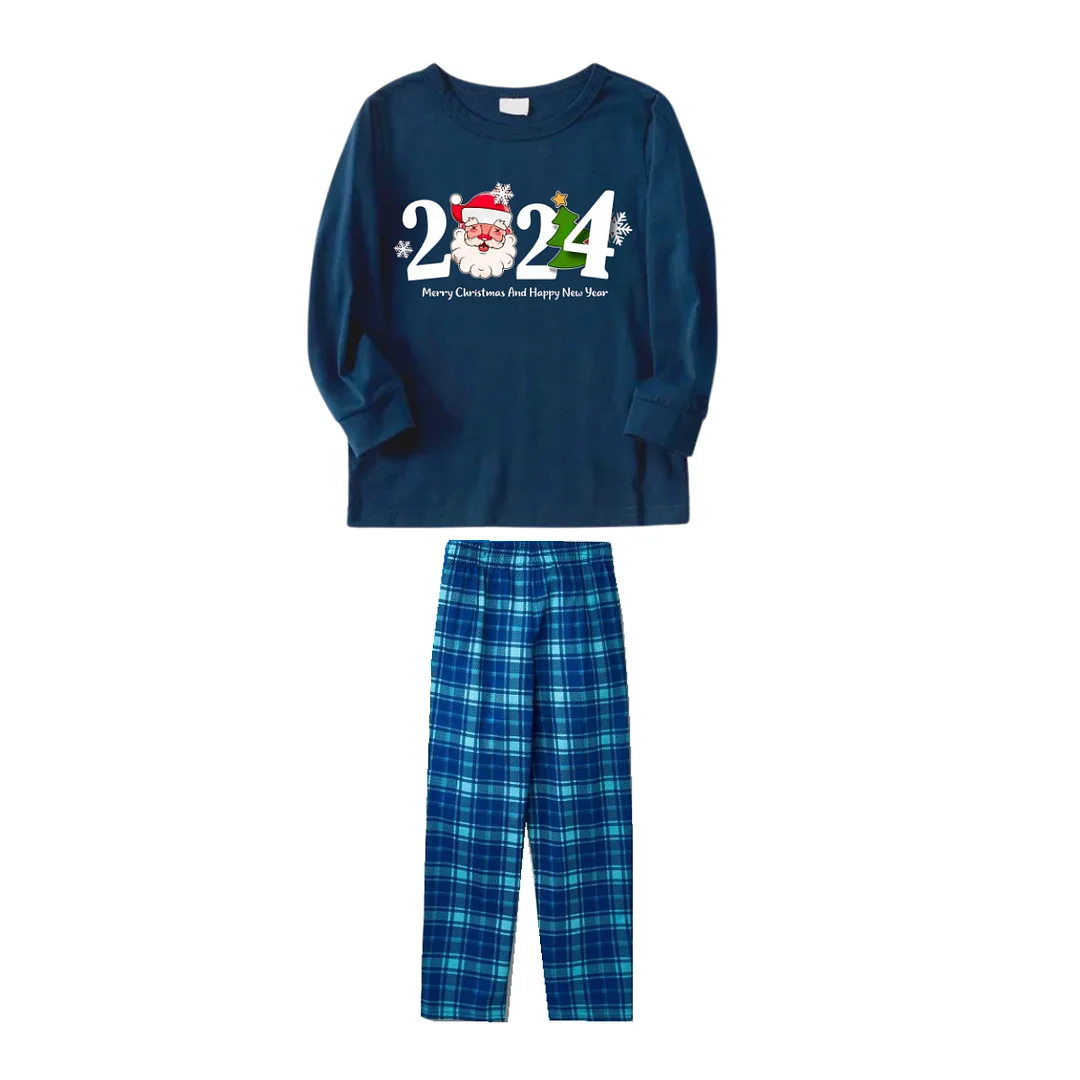"2024" and Santa Claus Printed Blue Long Sleeve Top With Blue Plaid Family Matching Pajamas