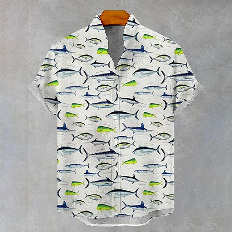 Men's Retro Fish Shark Print Casual Short Sleeve Shirts