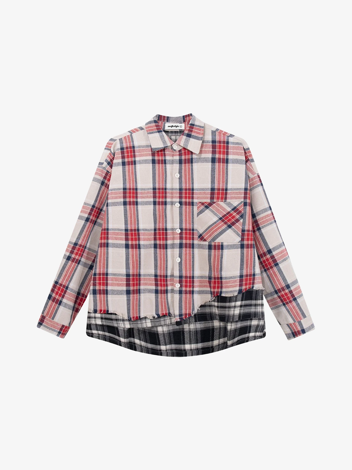 Red Plaid Actchic Distressed Plaid Patchwork Long Sleeve Shirt Front