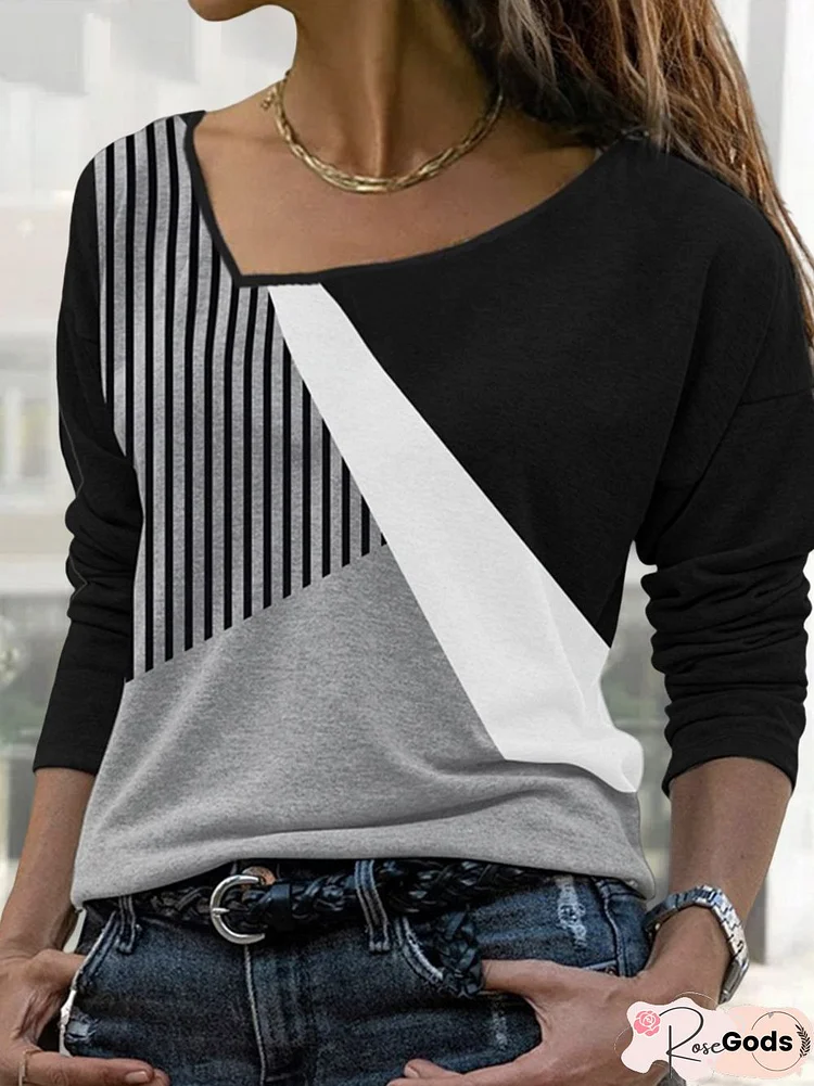 Women Striped Casual Autumn Daily Loose Regular H-Line Medium Elasticity Regular Size T-Shirt