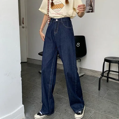 Jeans Women High Waist Dark Blue Large Size 5XL Chic Loose Harajuku Wide Leg Mopping Streetwear Students New Stylish Denim New