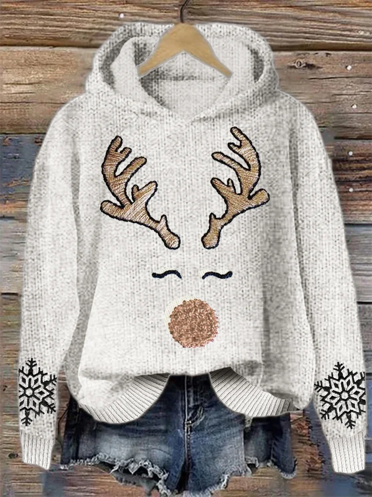 Christmas Reindeer Face & Snowflakes Embroidery Knit Hoodie