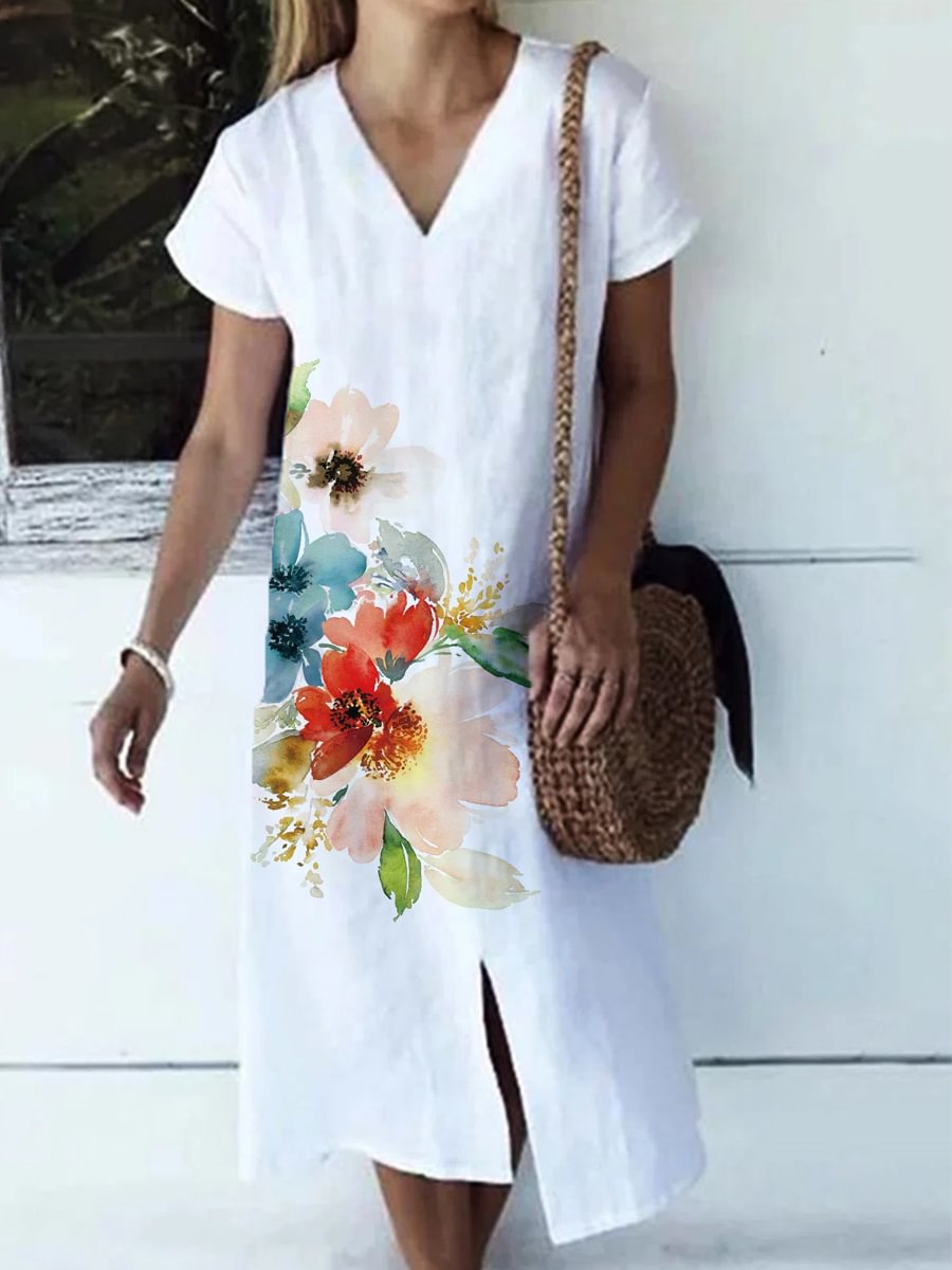 Floral Short Sleeves V Neck Plus Size Casual Dresses