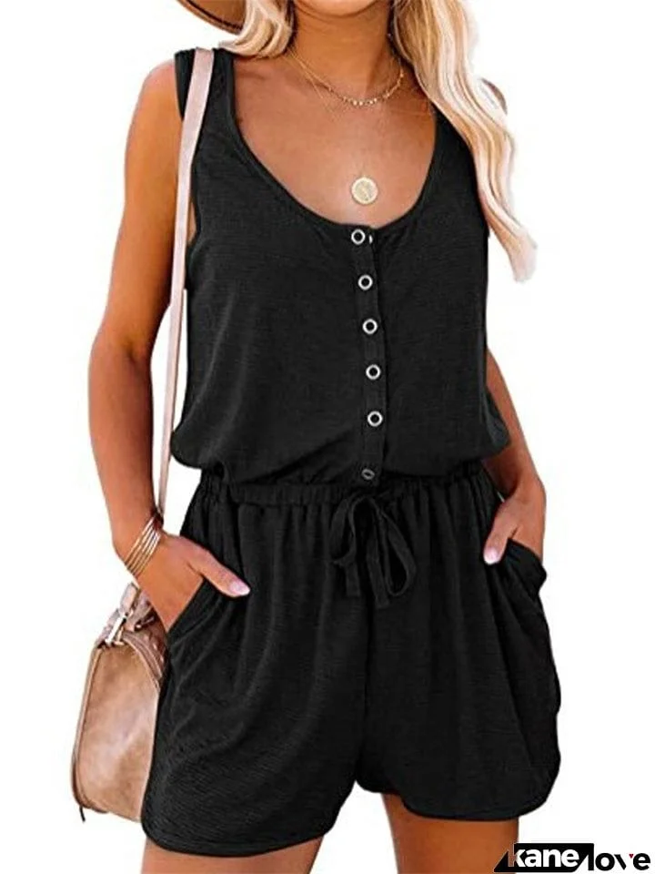 Women's Summer Sports U Neck Sleeveless Drawstring Loose Jumpsuits