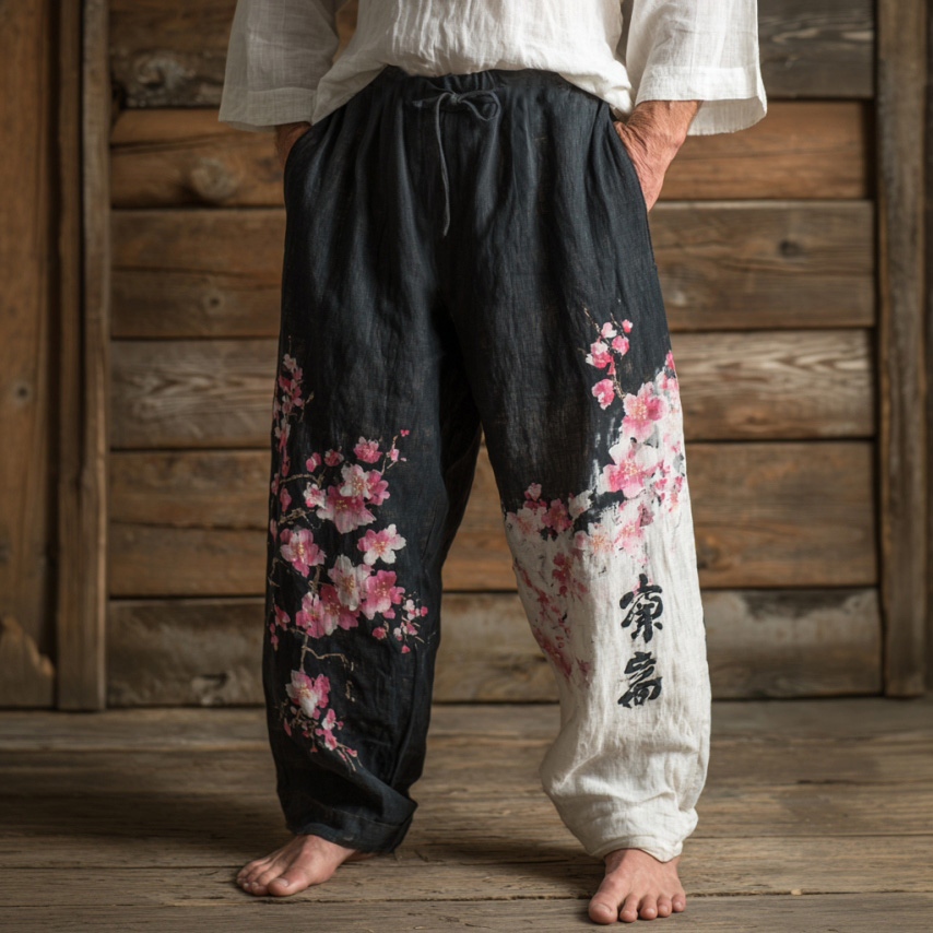 Men's Retro Japanese Floral Art Print Linen Casual Pants  artssus