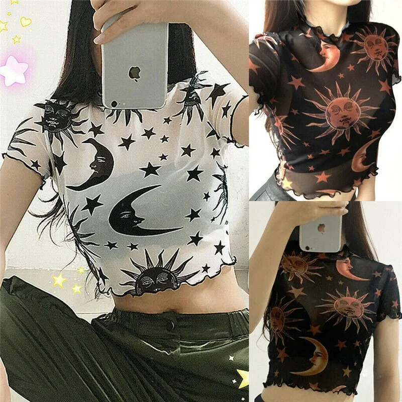 Mesh Sheer T-shirt See-through Moon Stars Print Tee Tops Summer Fashion Ruffles Short Sleeve Women Crop Top Hot Sale