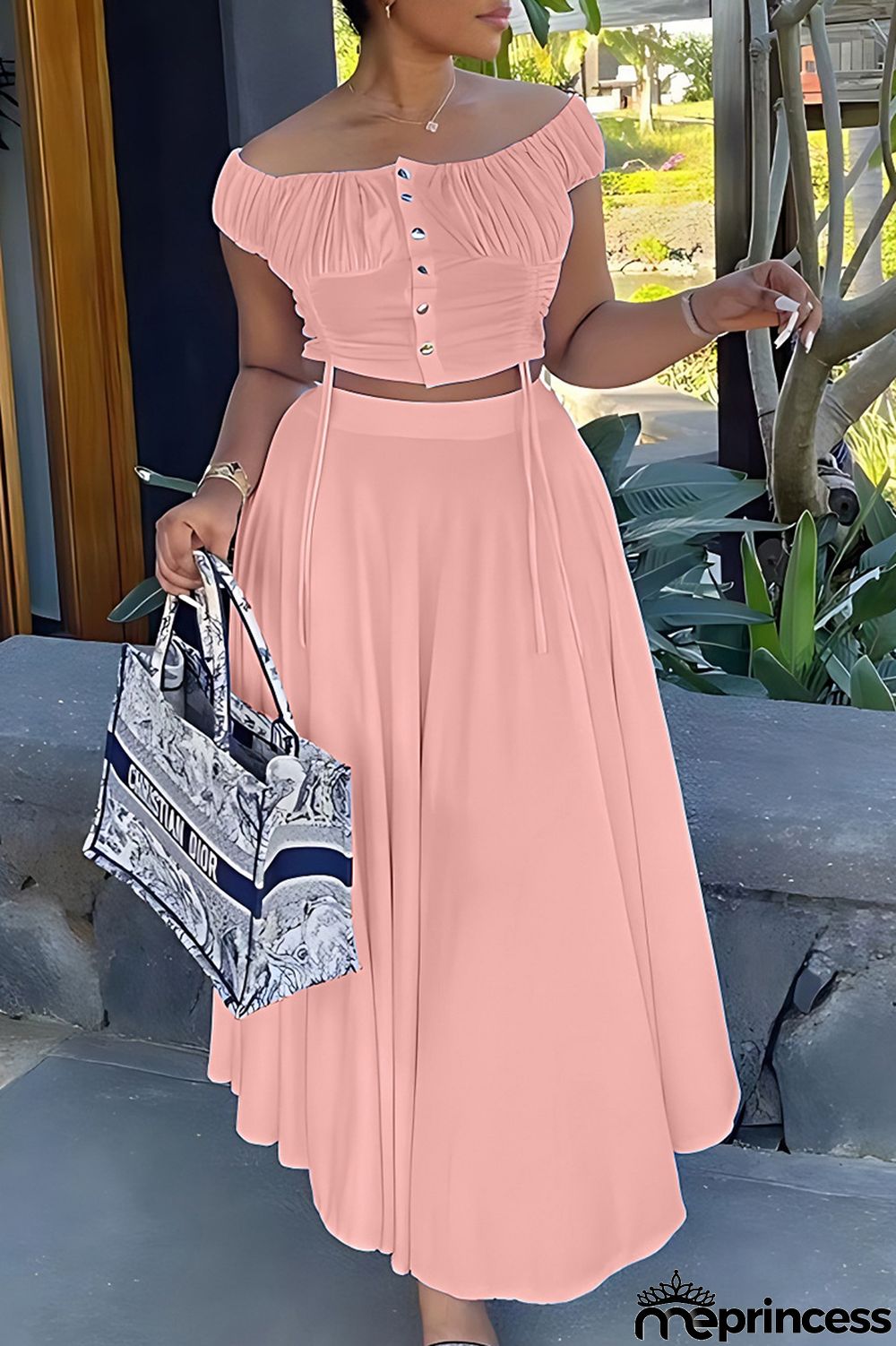 Blue Elegant Solid Patchwork Draw String Buckle Off the Shoulder Short Sleeve Two Pieces