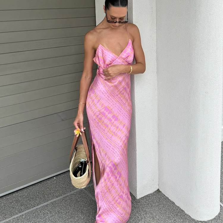 Ootddress Sexy Printed Contrast Maxi Dress Women's V-Neck Backless Side Split Fashion Slim Autumn Party Dress Female Clothes