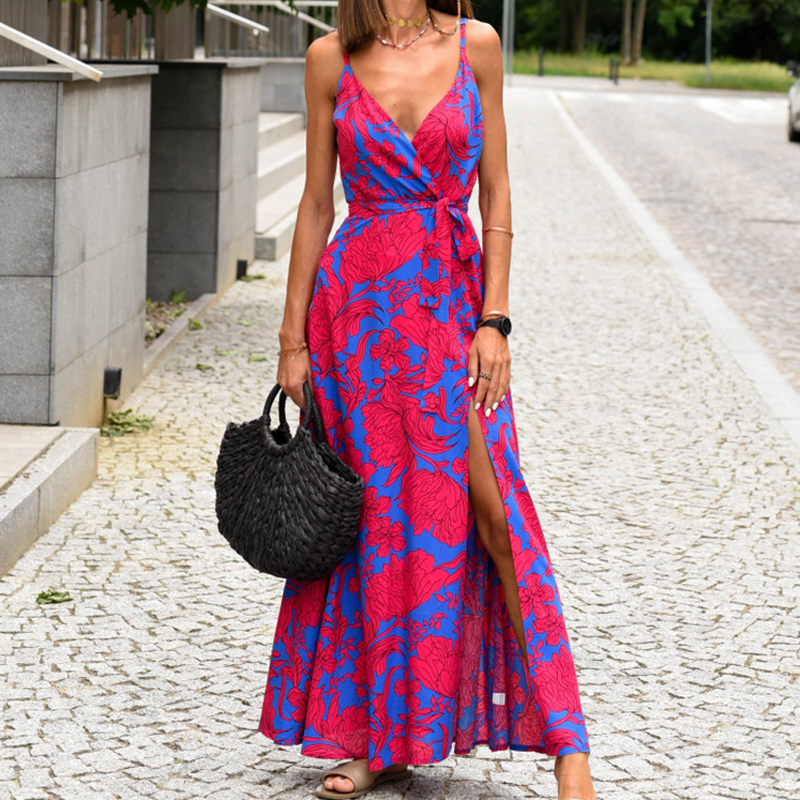 Fashion Vintage Print Lace-Up Sling Elegant V-Neck Sexy High Slit Maxi Dress