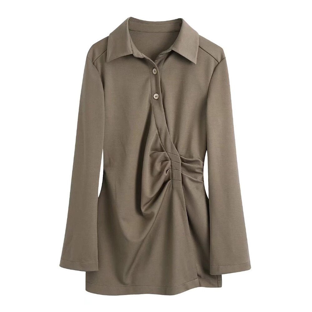 TRAF Women Fashion Long Pleated Blouses Vintage Long Sleeve Button-up Female Shirts Blusas Chic Tops