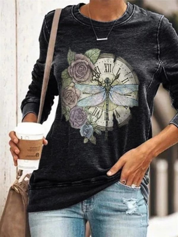 Dragonfly With Clock Printed Long-Sleeves