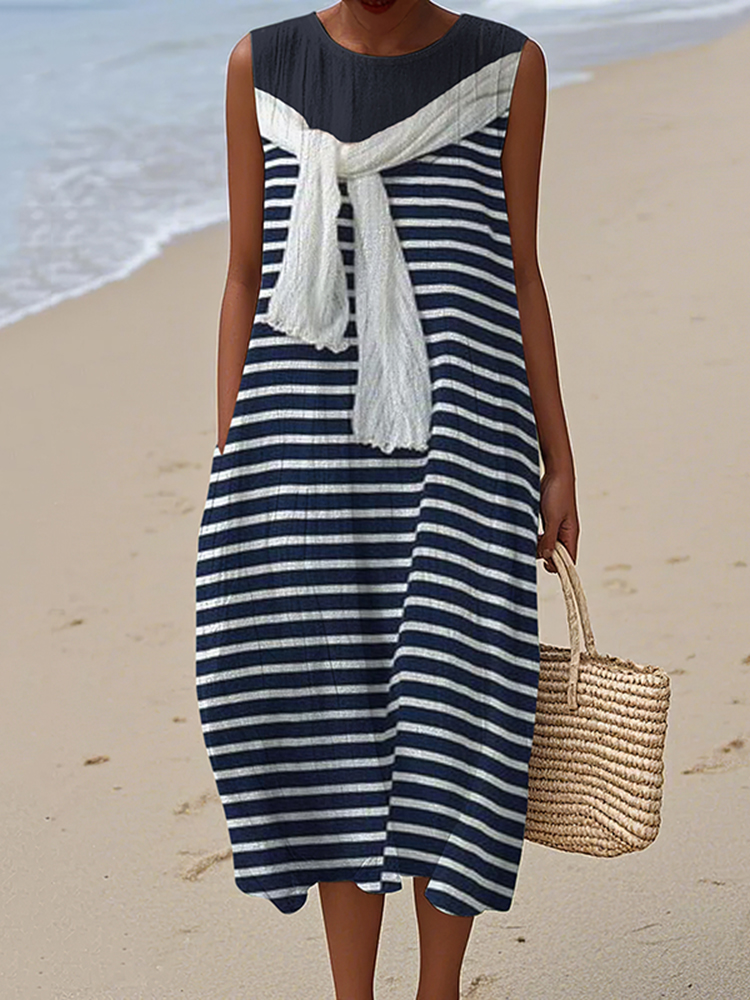 Comstylish Women's Retro Stripe Art Linen Tank Midi Dress