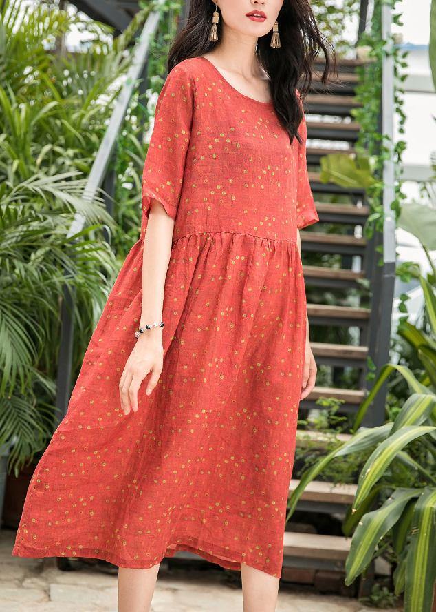 VCSHOES red dotted linen dresses o neck patchwork long summer Dress