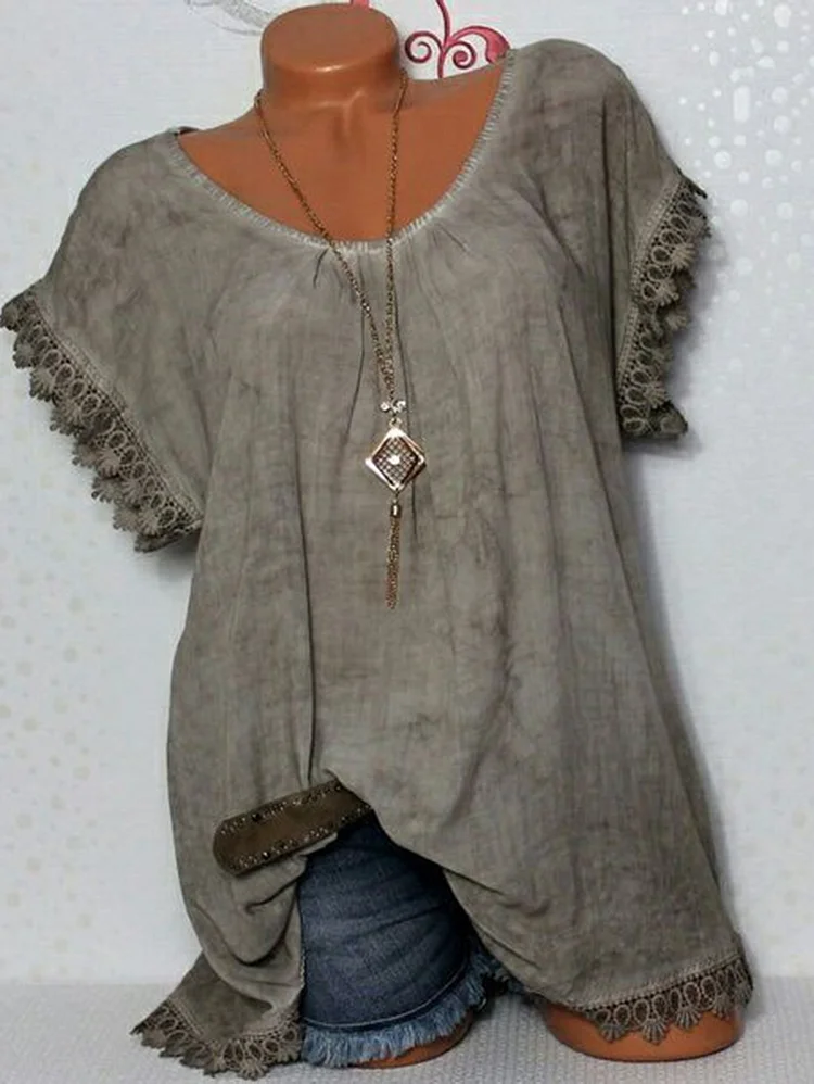 Casual V Neck Lace Trim Back Hollowed Blouses