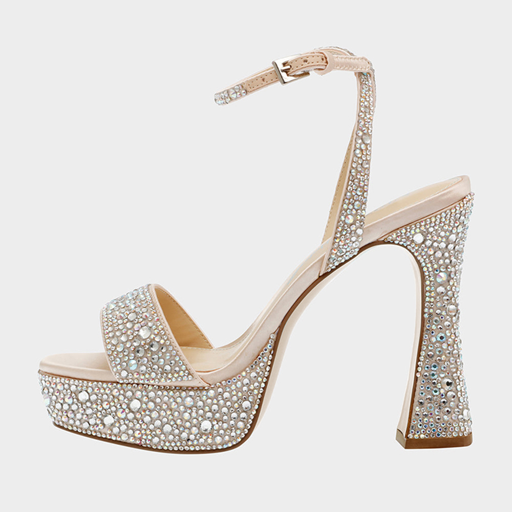 Silver Glitter Almond Toe Flared Heel Rhinestone Ankle Strap Sandals Nicepairs