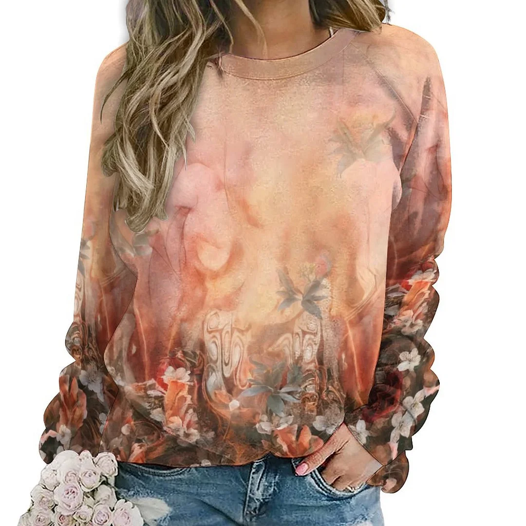Printed Long Sleeve Casual Sweatshirt for  Women and Men Unisex Pattern Floral, Orange