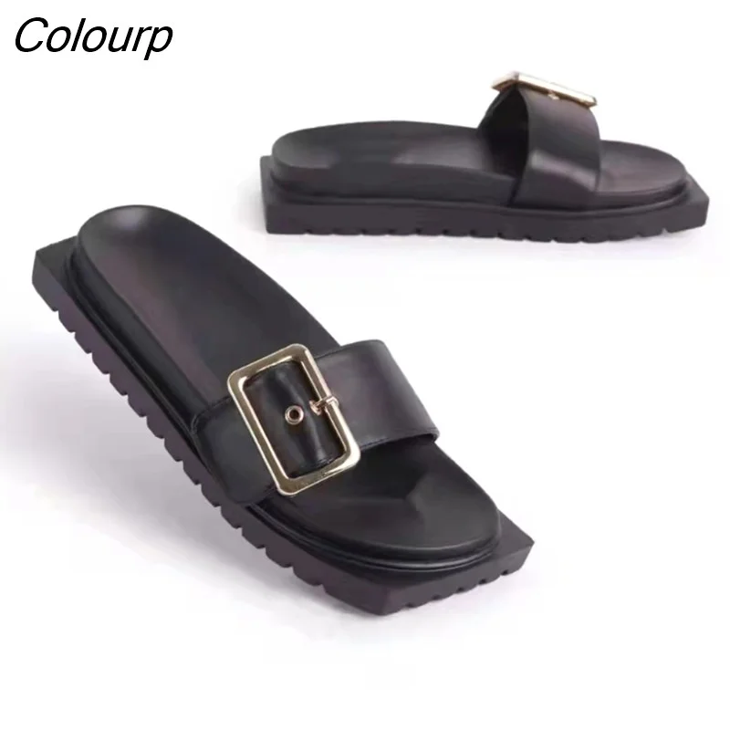 Colourp Women's Flat Square Buckle Slippers Bling Red Black Square Toe Women Slippers Summer 2023 Platform Mid Heels Slides Beach Shoes