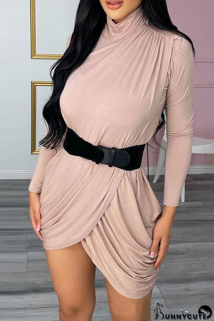 Pink Casual Solid Split Joint Fold Asymmetrical Turtleneck Irregular Dress Dresses