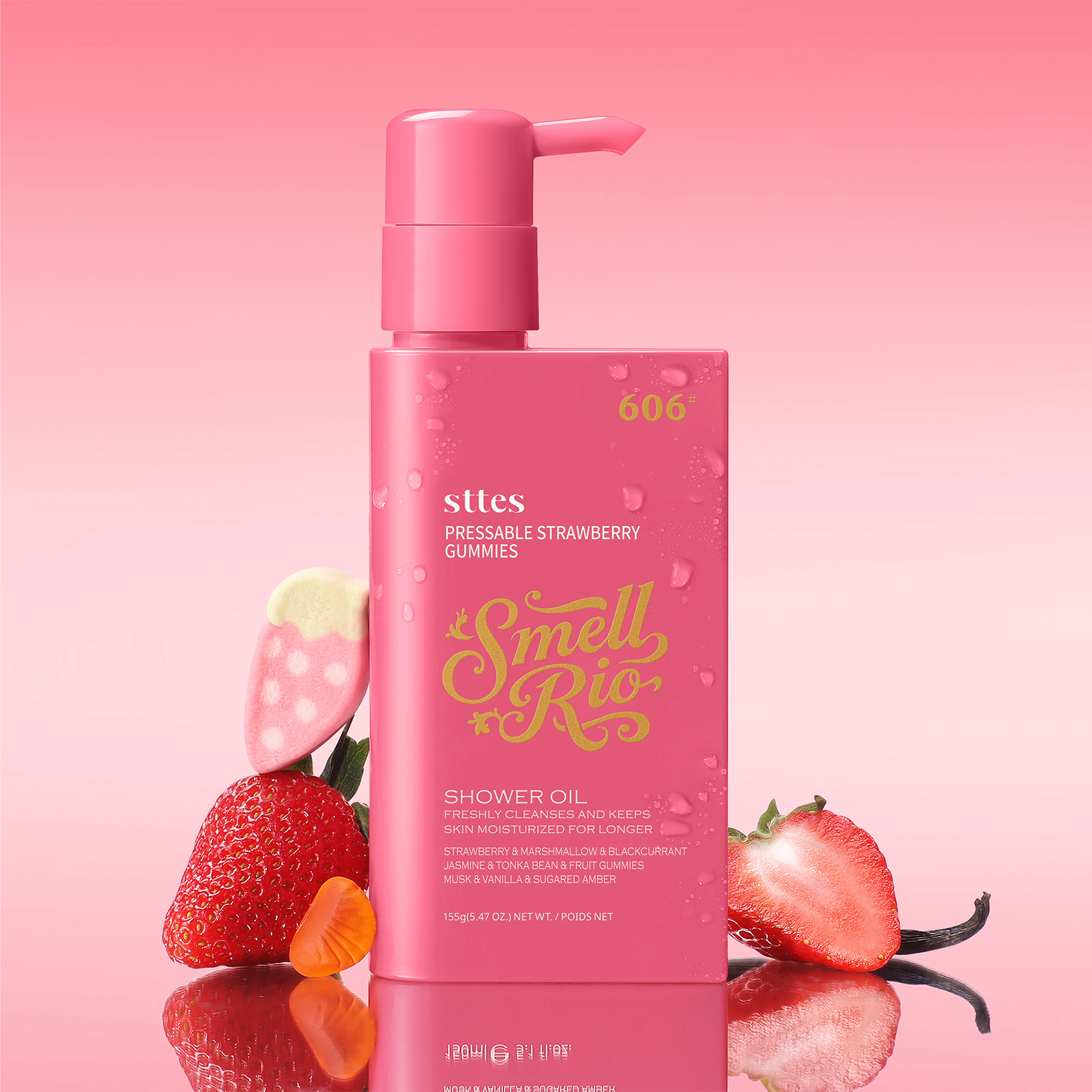 Sttes Smell Rio Shower Oil - 606# Pressable Strawberry Gummies: Moisturizing Body Cleansing Oil with Strawberry, Marshmallow & Blackcurrant Notes &ndash; Natural Plant-Based Hydration 155g