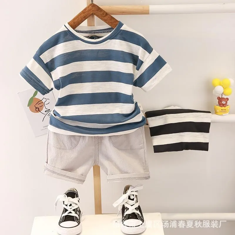 1-5 Years Boys Casual Striped Clothes Infant Children Summer Set Cotton Thin Baby Boys Outwear Kids Outfits White&Black Striped