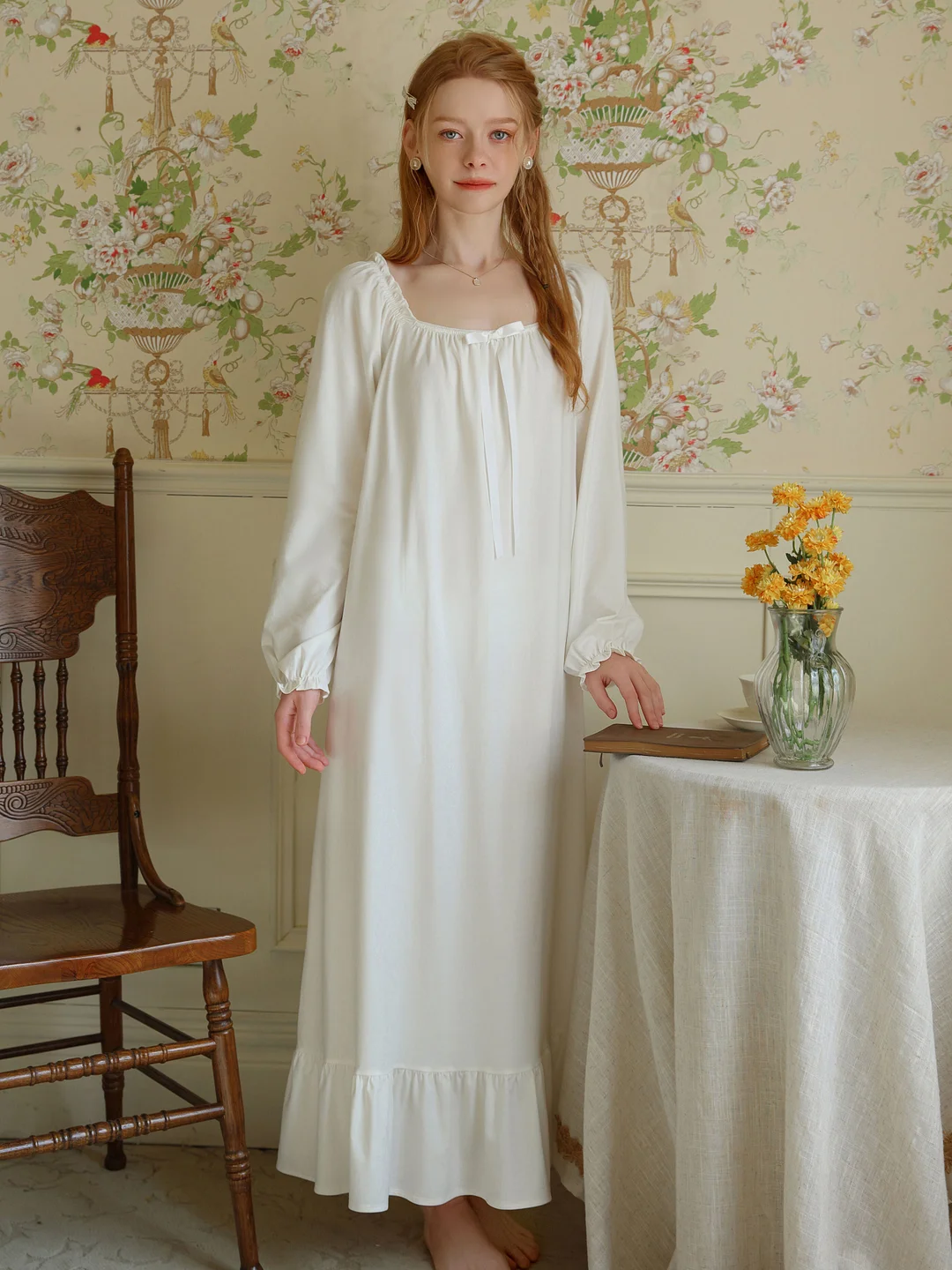 Square Neckline Long Dress Retro French Court Style Loose One-piece Vintage Nightgown