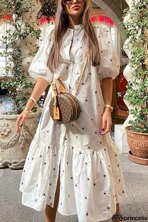 Print Puff Half Sleeve Maxi Dress