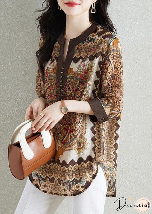 Style Khaki V Neck Print Patchwork Chiffon Shirt Tops Summer