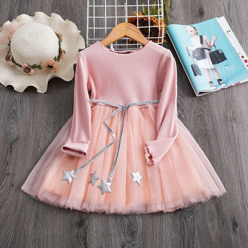 2021 Winter Long Sleeves Girls Dress Flower Design Princess Dress Casual Wear Daily School Home Party Dress Children's Clothing