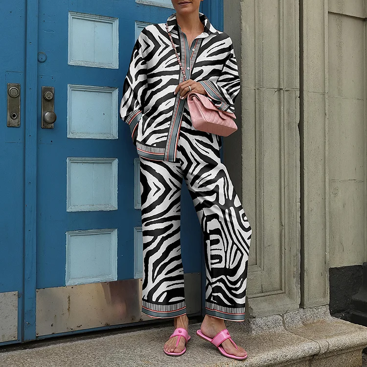 Fashion Stripe Print Long Sleeve Shirt Two Piece Set