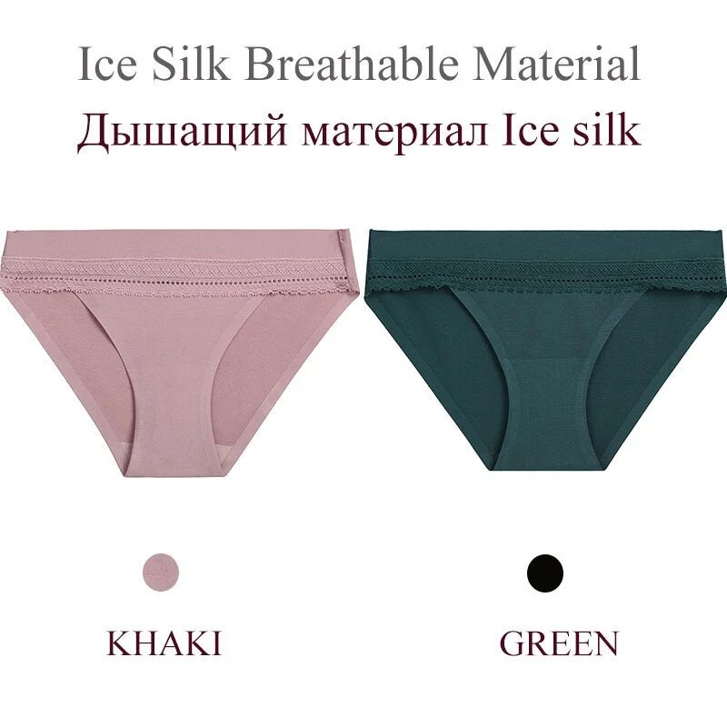 FINETOO 2PCS/Set Woman Lace Sexy Panties Ice Silk Women Underwear Seamless Low-Rise Lingerie Female Breathable Girls Panty 2021