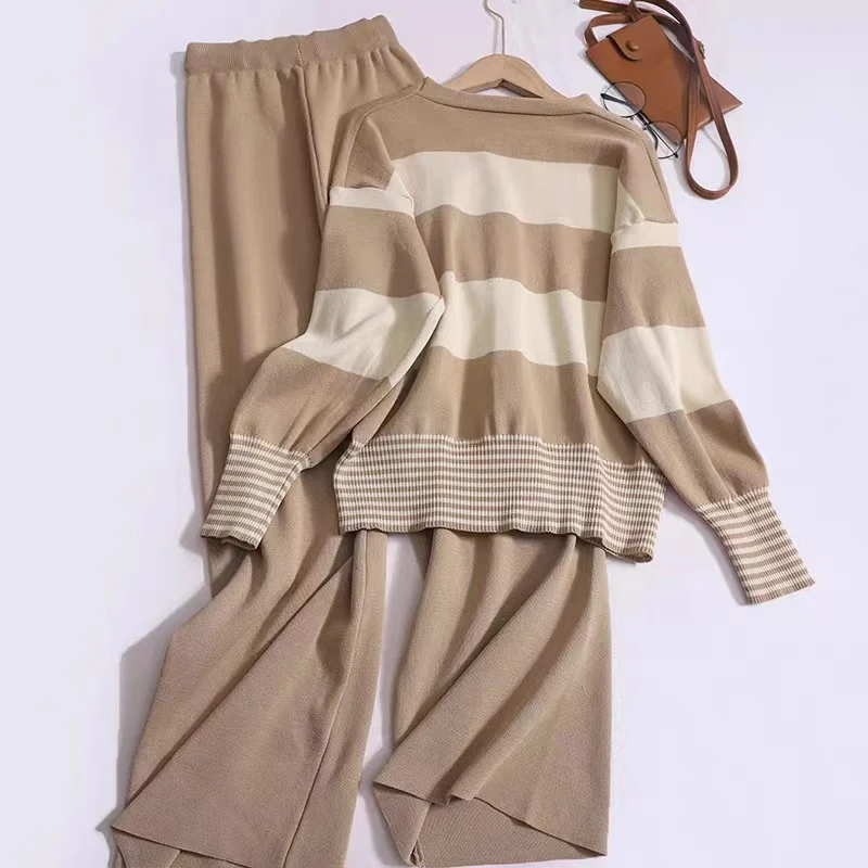 Uveng Uveng And Winter New Korean Version Of The Air Age-Old Stripe V-Neck Knitted Cardigan + Solid Color High-Waist Broad Leg Pants Fashion Two Sets