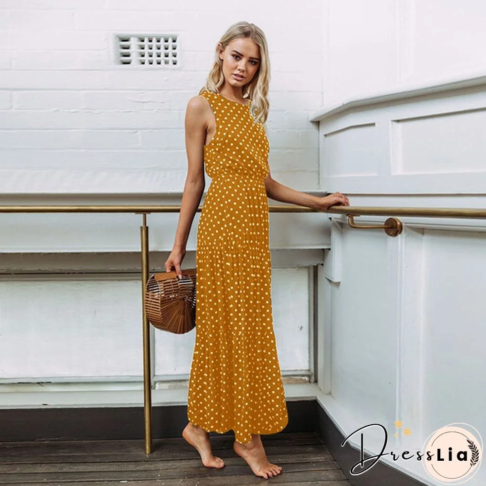 Holiday Summer Women Boho Sleeveless Maxi Polka Dot Dress Casual Beach Long Dress